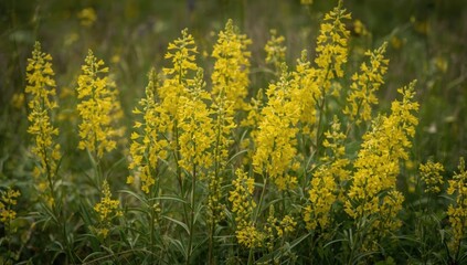 Obraz premium Yellow loosestrife blossoms spread horizontally in a summer garden with copy space