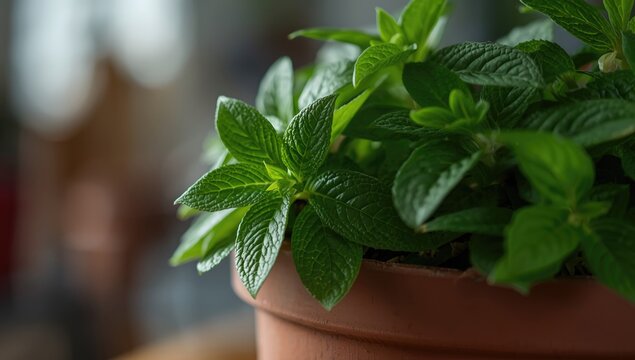 Highly detailed close-up of green Plectranthus amboinicus foliage showing leaf texture in terracotta planter with a blurred interior background