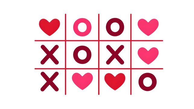 Romantic tic tac toe game board features red hearts and cross marks.