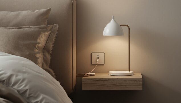 Unoccupied bedside surface with a white lamp and electrical plug in a contemporary plush bedroom environment