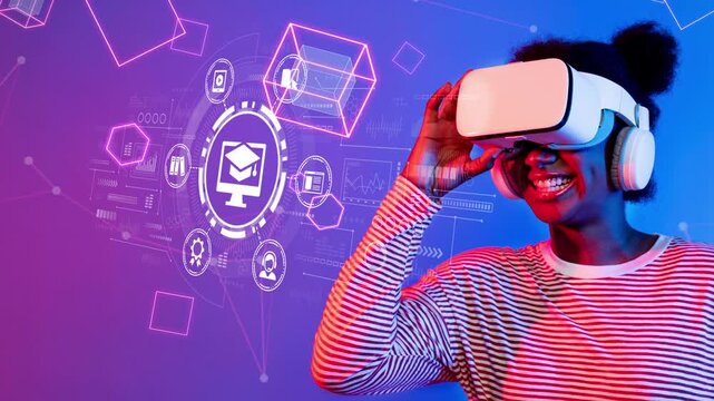 Young woman with virtual reality headset enjoying immersive technology against colorful digital background, showcasing modern education and innovation possibilities. Entropy.