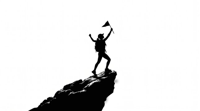 Hiker Reaching Summit With Triangular Flag