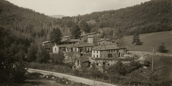 Retro image from 1860 showing a forest bordered village from southern France