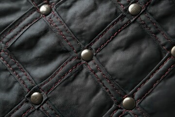 Naklejka premium Quilted Black Fabric Diamond Pattern Dark Red Stitching Metallic Rivets Luxury Upholstery Texture Closeup