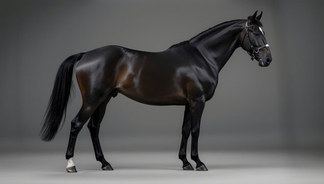 full body view of a purebred Arabian horse with shiny black hair