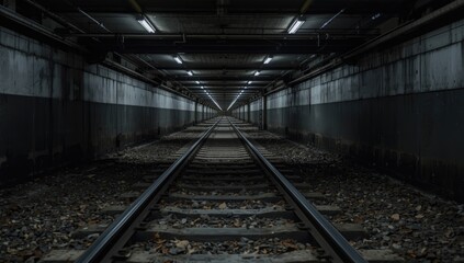 Fototapeta premium Long view of sturdy rails positioned on underground adit ground