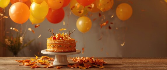 Obraz premium Seasonal autumn cake with balloon arrangements and festive decor including copy space area