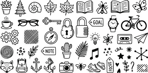 Doodle Icon Set: Hand-Drawn Vector Graphics for Notes, Journals, and Creative Projects. Includes Nature, Objects, and Symbols. © designNex