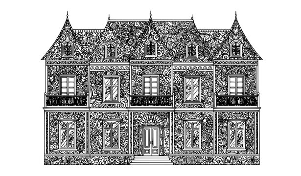Luxury Dream House Zentangle Coloring Page with Architectural Patterns Vector Illustration