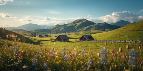 Obraz premium Stunning alpine scenery featuring undulating hills and rural fields in spring