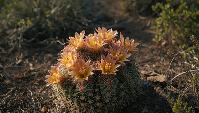 Notocactus scopa cactus with dazzling flowers and elaborate thorn arrangement in botanical environment