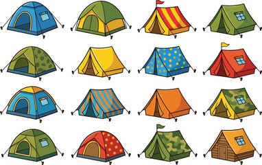 Camping tent collection illustration featuring colorful outdoor shelters for hiking adventure travel and recreational activities © Lipirani