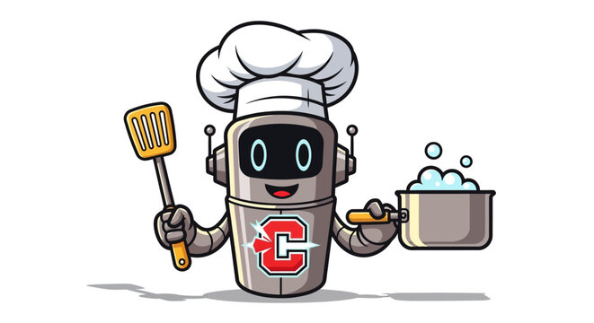 A cartoon robot chef with cooking utensils.