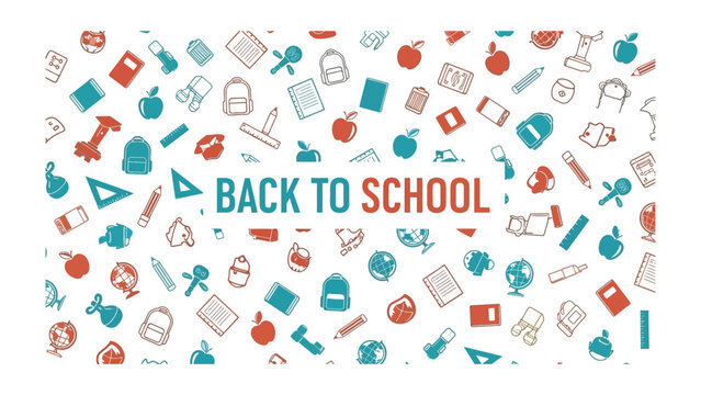 Back to School Pattern: A vibrant collection of school supplies and icons scattered across a clean white background, announcing the return to academic pursuits with bold typography.