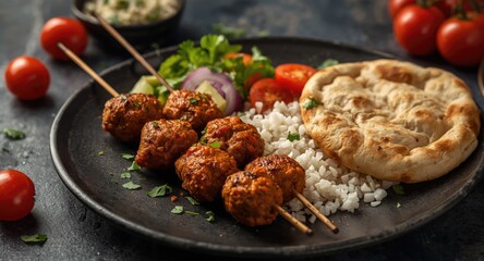 Fototapeta premium Spiced grilled kofta kebabs on skewers with rice and pita bread served with fresh vegetables on a dark plate