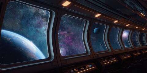 Obraz premium Inside space vessel featuring cosmic sights and remote planetary systems