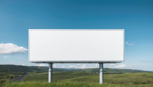 Horizontal open landscape showcasing a large blank advertising billboard