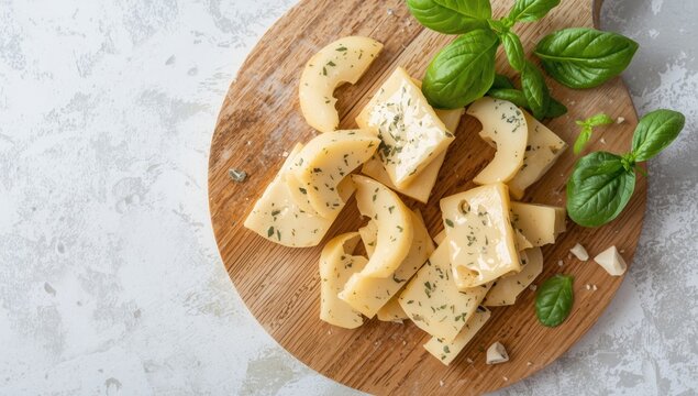 Overhead perspective of Maasdam Radomer cheese slices and fresh basil on cutting board on white concrete table showing copy space