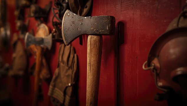 Vintage firefighting axe displayed on a scarlet wall featuring nostalgic safety equipment in a compelling layout