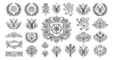 Vintage heraldic crests and royal emblems collection, 25 black line art vector elements, medieval fleur de lis and lion rampant symbols for luxury branding © Muhammad