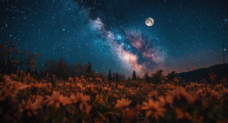 Obraz premium Dreamy night scene featuring a full moon and vibrant autumn wildflowers under the Milky Way galaxy