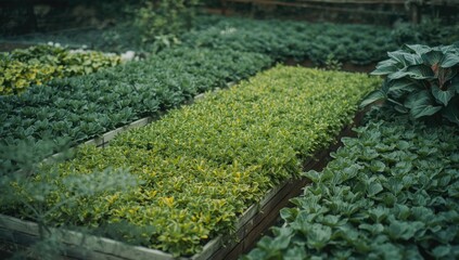 Fototapeta premium Organized vegetable garden with full beds of healthy greens and vivid organic plants