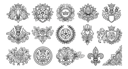 Vintage heraldic crests and floral emblems set, 15 black and white vector coat of arms icons, royal fleur de lis and thistle ornaments for luxury branding © Muhammad