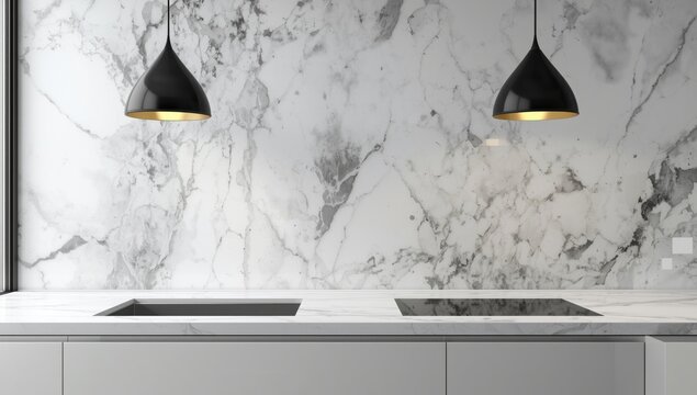 Sophisticated kitchen decor with white marble wall blending abstract texture and backdrop