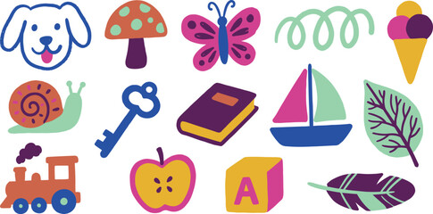 Whimsical Vector Icons Set: Dog, Mushroom, Butterfly, Snail, Key, Book, Sailboat, Ice Cream, Apple, Toy Block, Train, Feather, Leaf, Swirl - Playful Children's Graphics © designNex