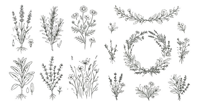 Vintage hand drawn botanical herbs and wild flowers vector set, rustic floral sketches with lavender and rosemary, elegant garden plant illustrations