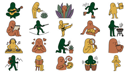 Fototapeta premium Abstract Humanoid Characters Set: Diverse Activities, Hobbies, and Lifestyle Icons, Vector Graphics