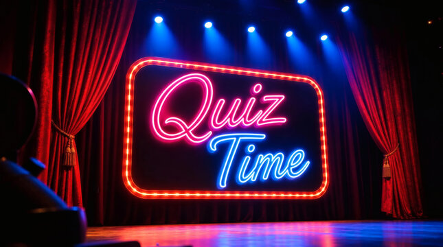 vibrant quiz time neon sign on theater stage with red curtains and blue spotlights high quality of fun game show atmosphere shallow depth of field glowing effects cursive letters bright illuminated bo