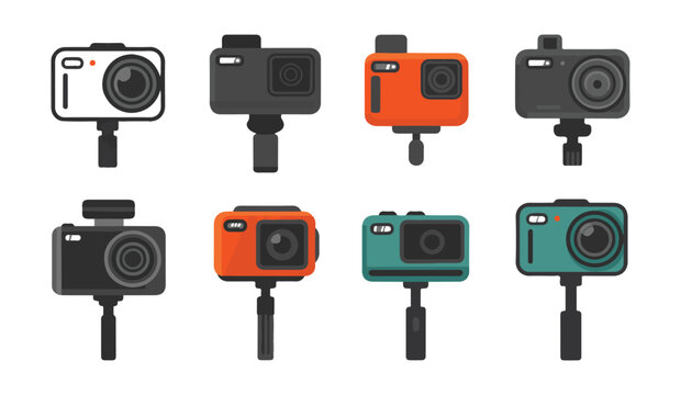 Action camera vector set. flat style action camera on stick for blogger outdoor activities.