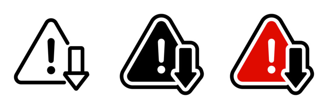 Low urgency status warning icon set PNG with diverse down arrow caution style on transparent background. 