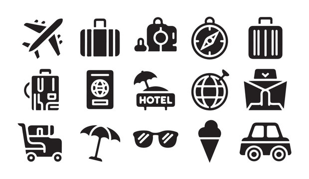 Set of travel icons with airplane suitcase compass passport and hotel.