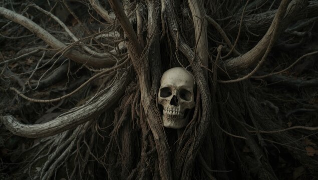 Unique surreal graphic showing a skull enveloped by old roots and sprawling tree branches