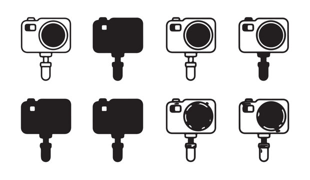 Action camera on hand grip tripod mount icon set in solid and outline graphic styles.