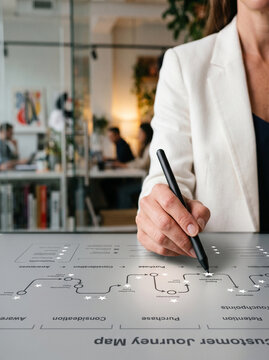 Customer journey mapping, businesswoman planning in office with hand and pen over customer journey map