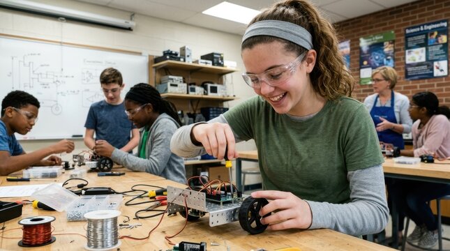 Smiling teenage girl building a robot with a screwdriver in a STEM classroom, wearing safety glasses while working on an engineering project in a school laboratory. 