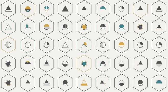 Geometric Hexagon Icons Set: Abstract Shapes, Symbols, and Minimalist Design Elements
