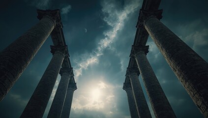 Naklejka premium Timeless stone columns beneath a dynamic sky highlighting the grandeur of historical architecture in mystery