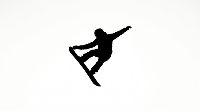 Silhouette of a Snowboarder in Mid Air Against White Background