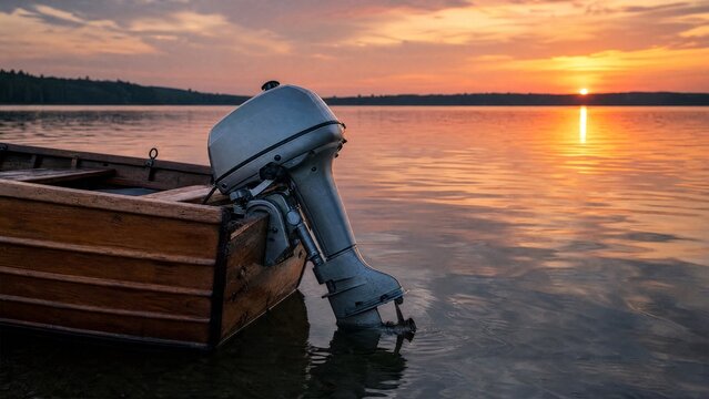 Wooden rowboat stern at dusk with submerged outboard motor.