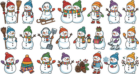 Fototapeta premium Cute winter snowman character collection with festive holiday activities Christmas decorations and seasonal cartoon illustrations