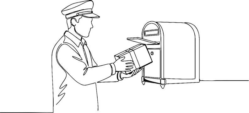 Postal worker delivering mail into mailbox sketch.