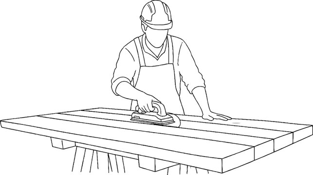 Carpenter carefully sanding wooden plank in workshop setting.