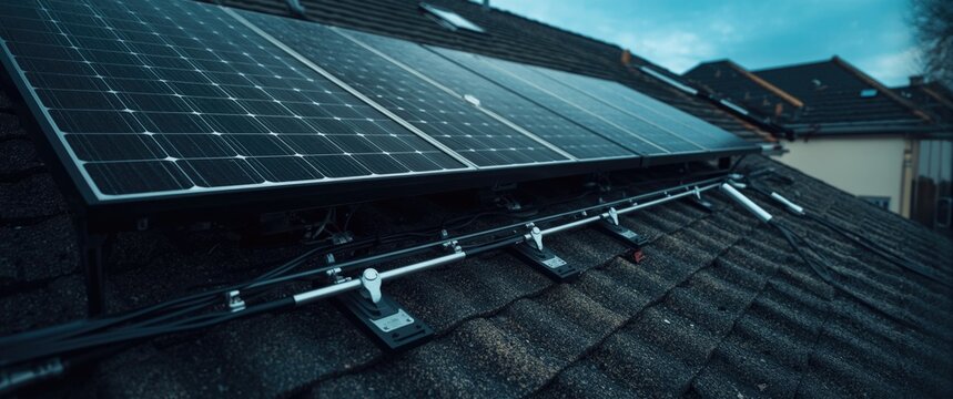 Roof mounted solar panel setup involving rail fastening and electrical hookups for clean power