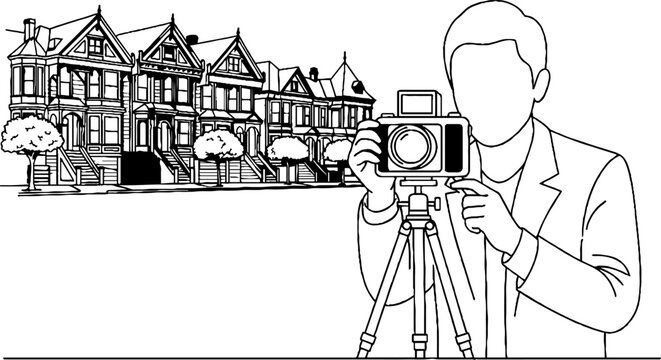 Vintage camera photographer capturing colorful urban houses.