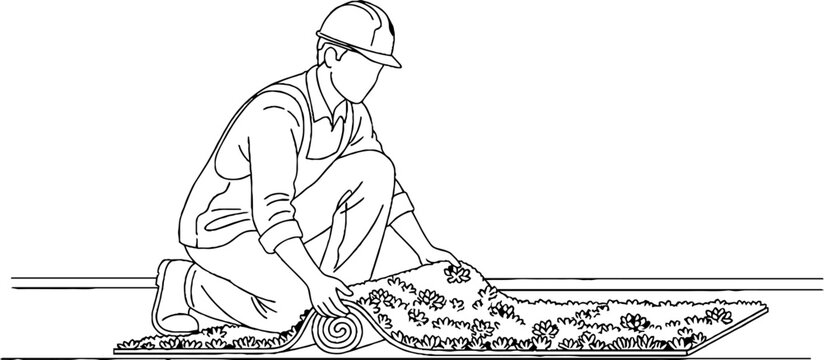 Construction worker laying bricks on building site carefully.