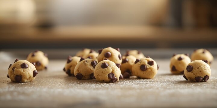 Close up of chocolate chip cookie dough spheres resting on a baking sheet